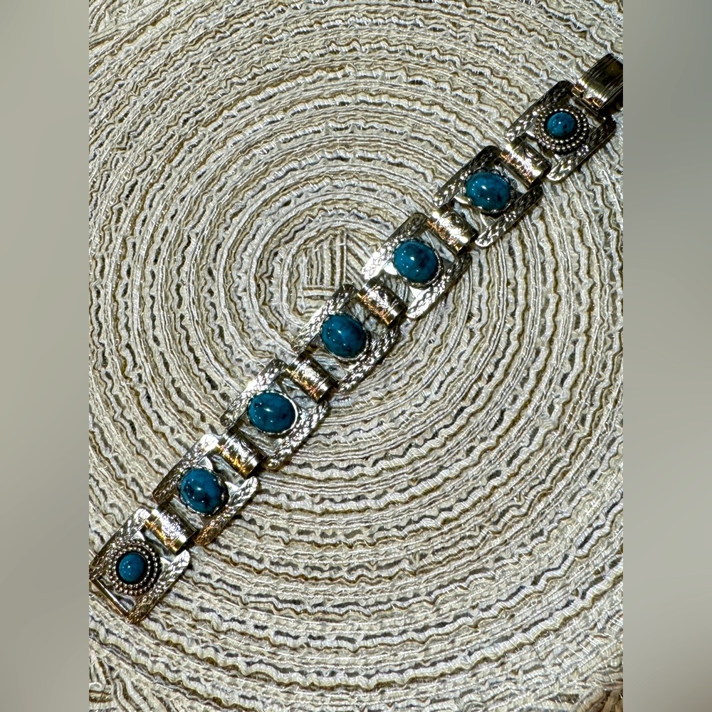 Vintage Etched Silver Tone Square Panel Blue Oval Faux Turquoise Bracelet 7"
